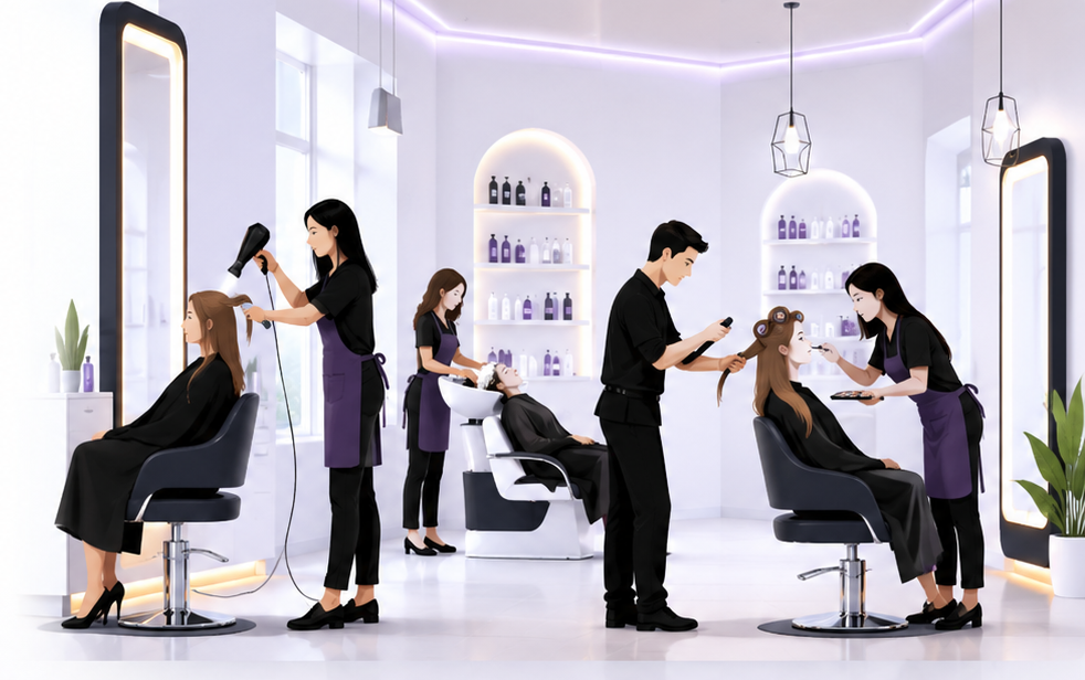 Modern salon with stylists and customers